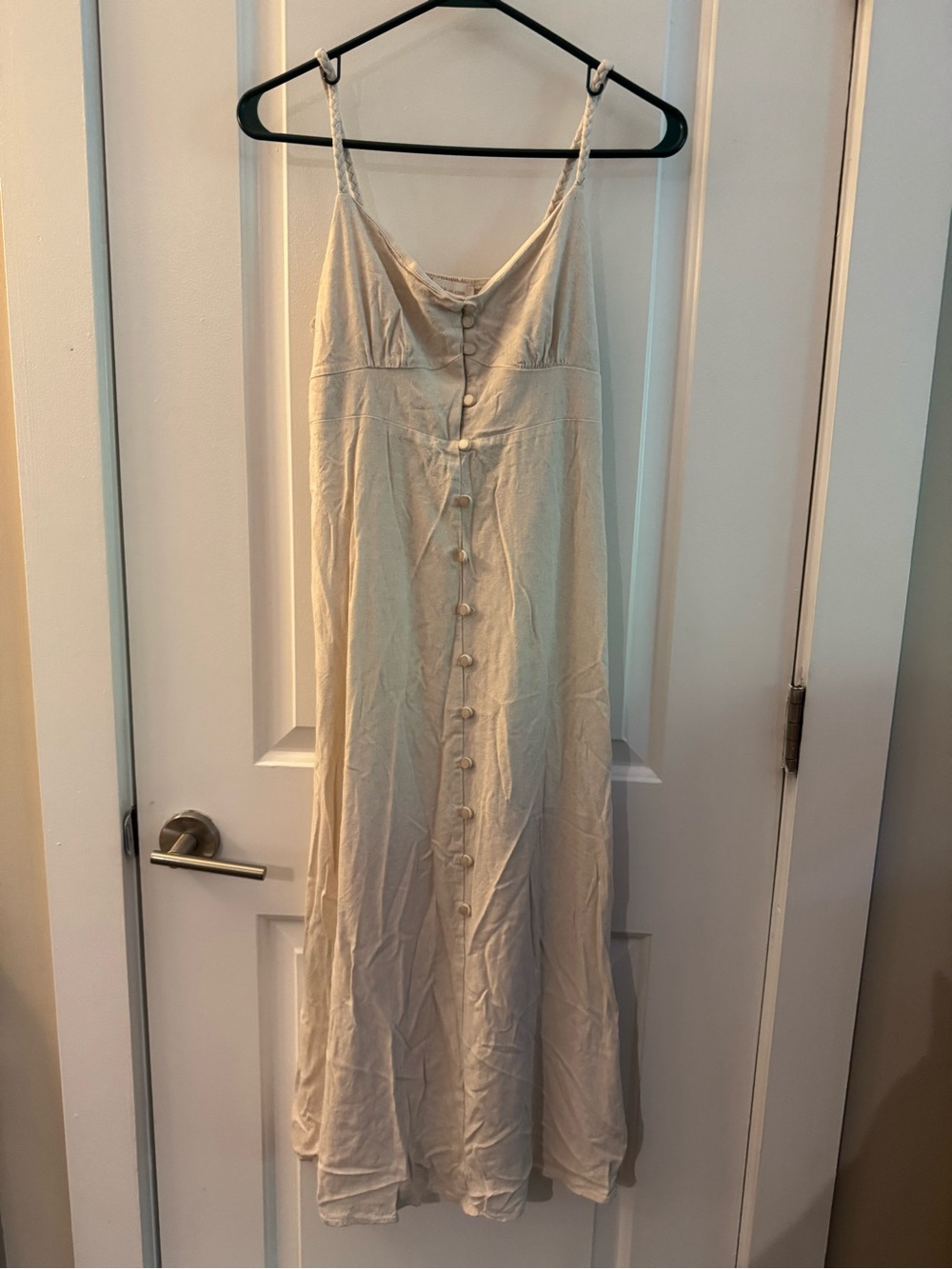 Cream Button-Front Maxi Slip Dress with Spaghetti Straps